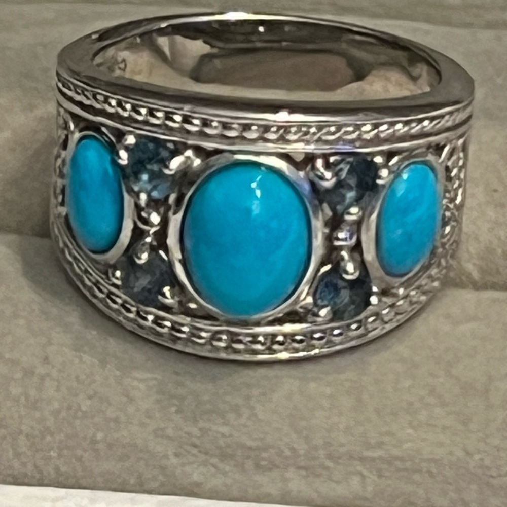 SLEEPING BEAUTY TURQUOISE three stone 925 Sterling Silver Wide Band Ring Size 7
